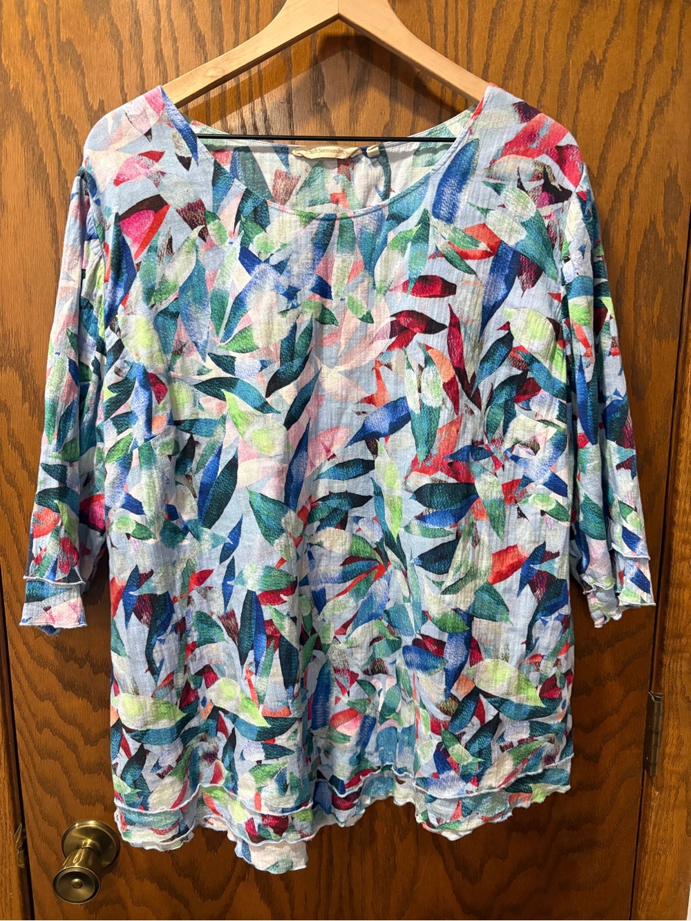 Soft Surroundings Plus Women's Multicolor Leaf Print Pullover Top Cotton 1X